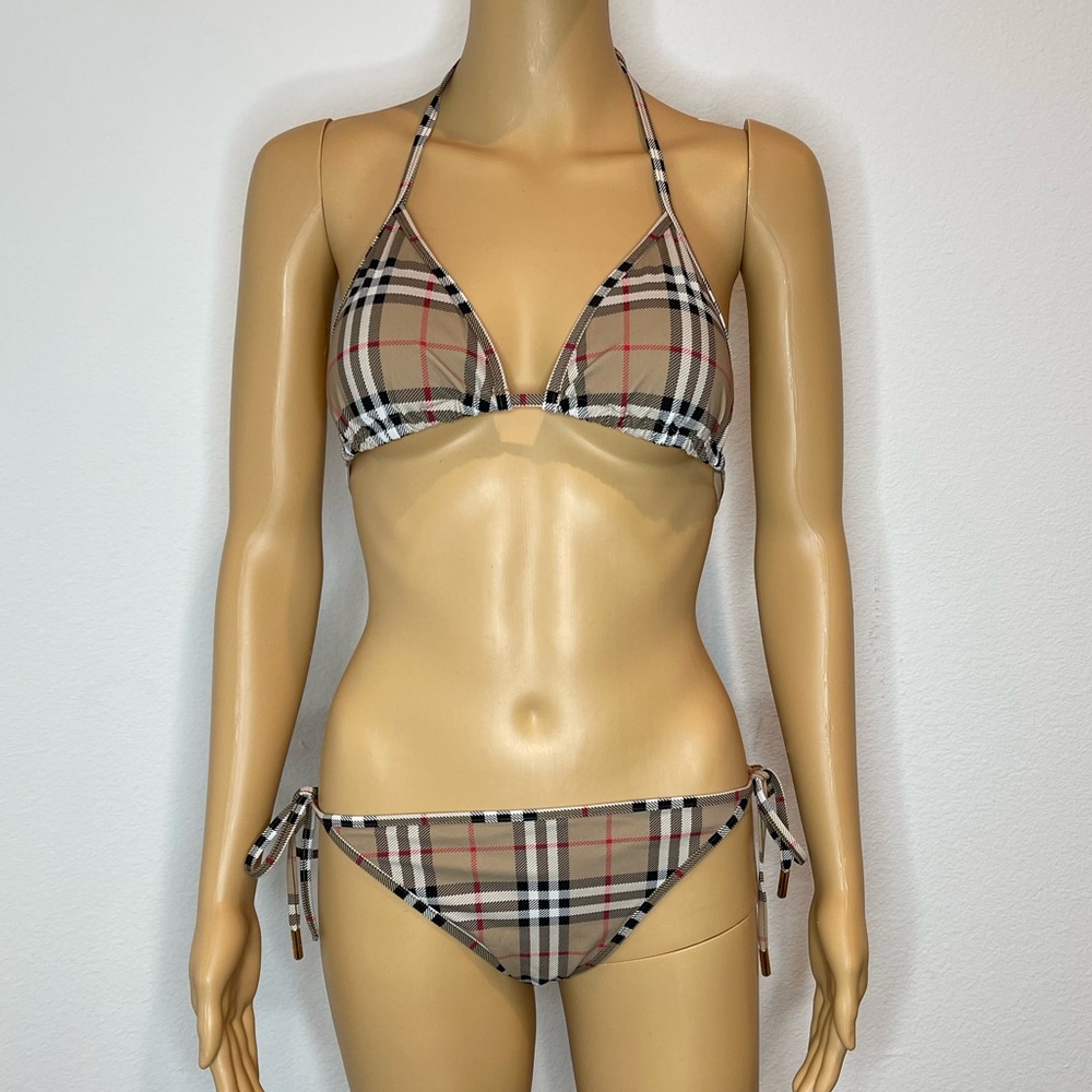 Burberry Beige Plaid Triangle Bikini with Black & Red Accents